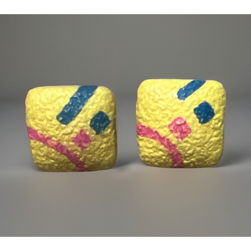 Vintage 80’s Square Yellow Enamel Clip On Earrings Blue & Pink Design